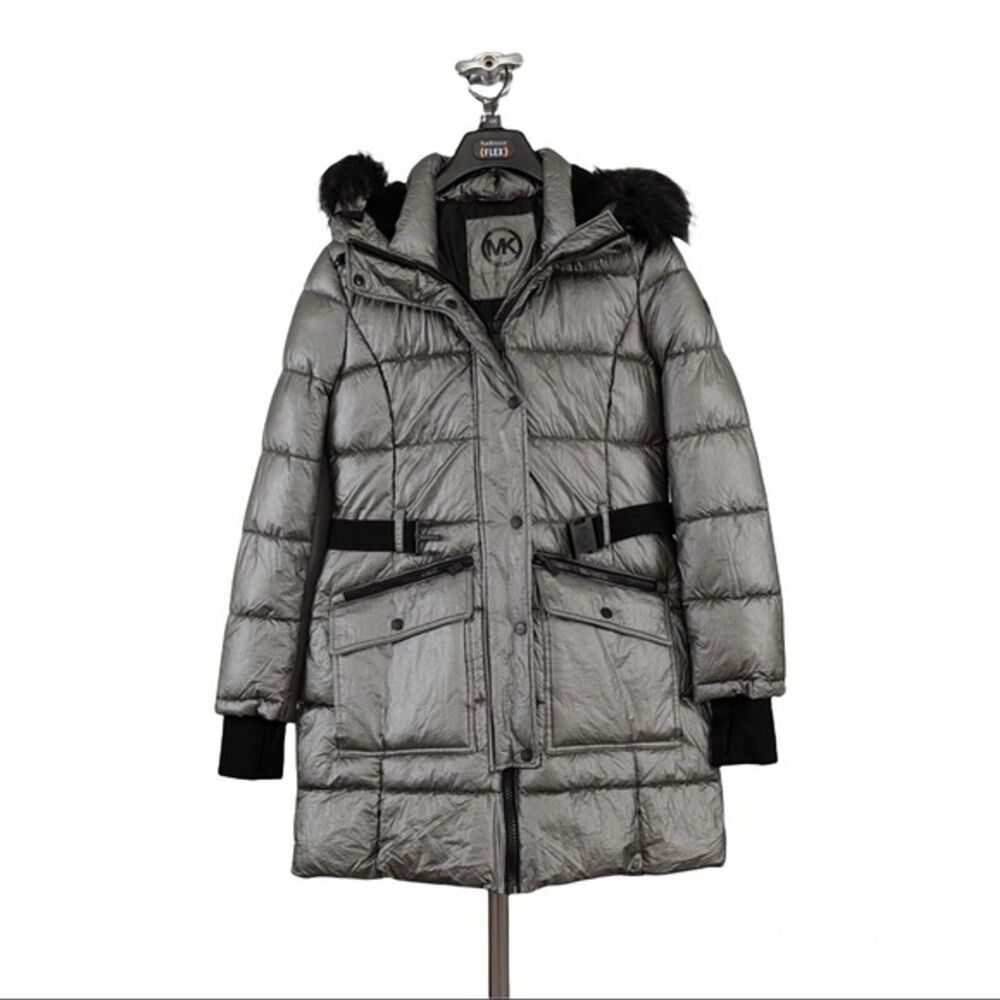 Michael Kors Metallic Quilted Chevron Belted Puffer coat size S